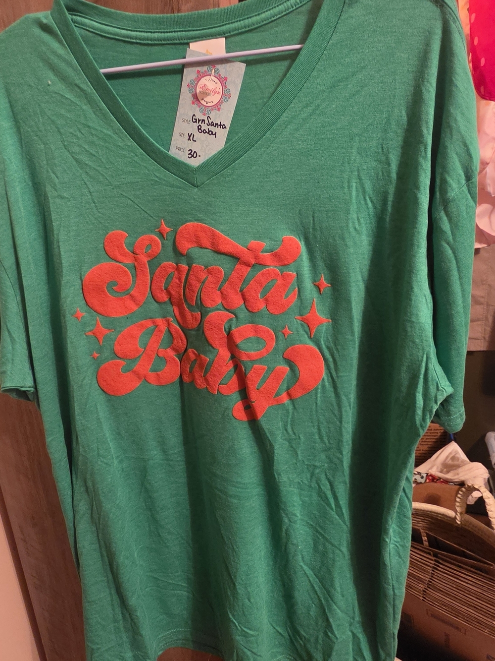 Anne Marie Green V-Neck Tee with Red Santa Baby Graphic